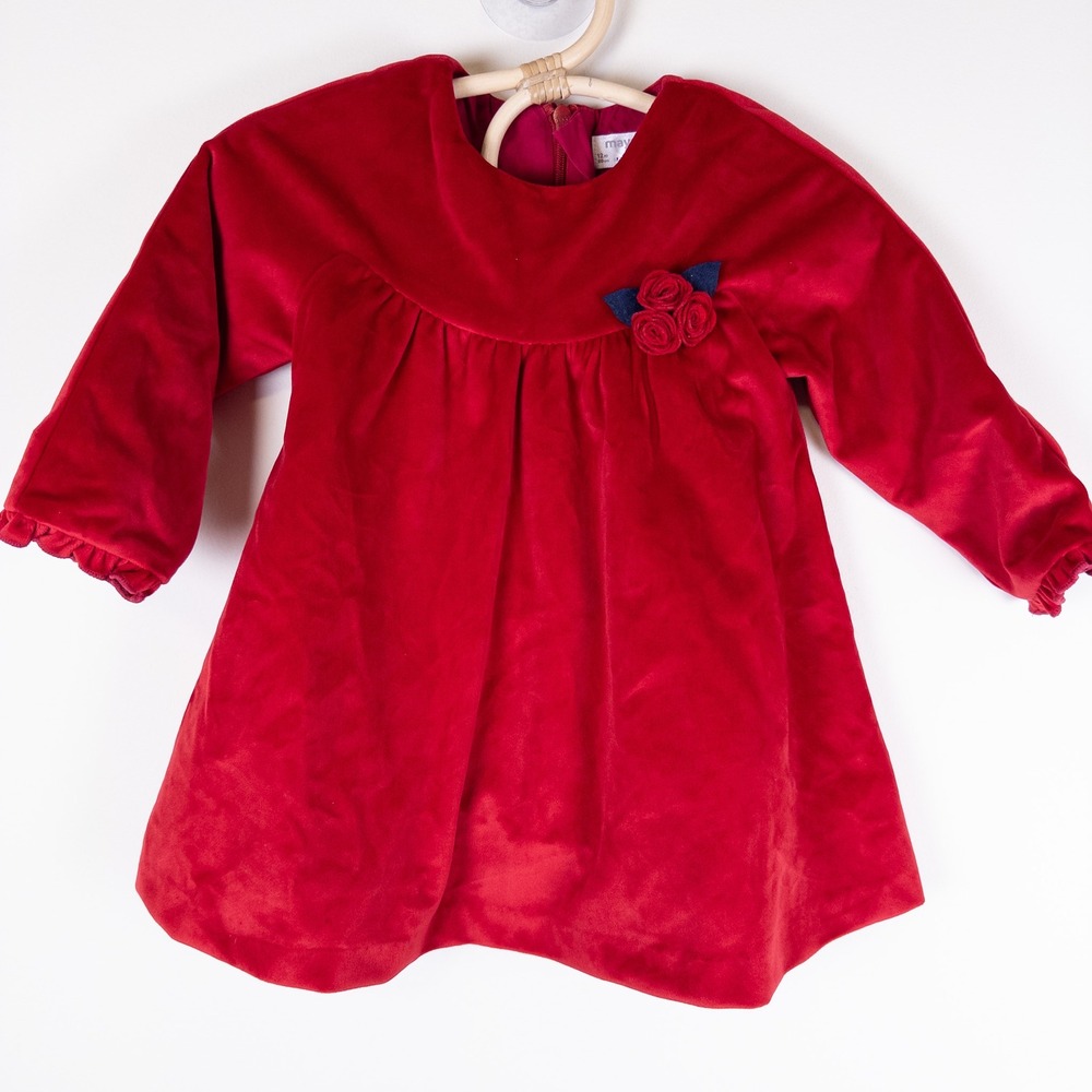 Mayoral Velvet Dress Kids 12M‎ Red Floral Applique Long Sleeve Party Holiday